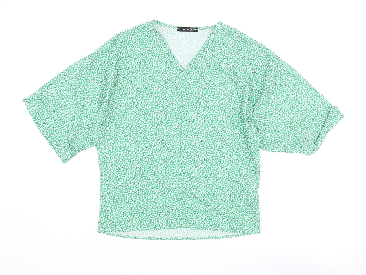 Boohoo Womens Green Floral Polyester Basic Blouse Size 6 V-Neck - Batwing
