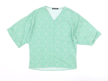 Boohoo Womens Green Floral Polyester Basic Blouse Size 6 V-Neck - Batwing