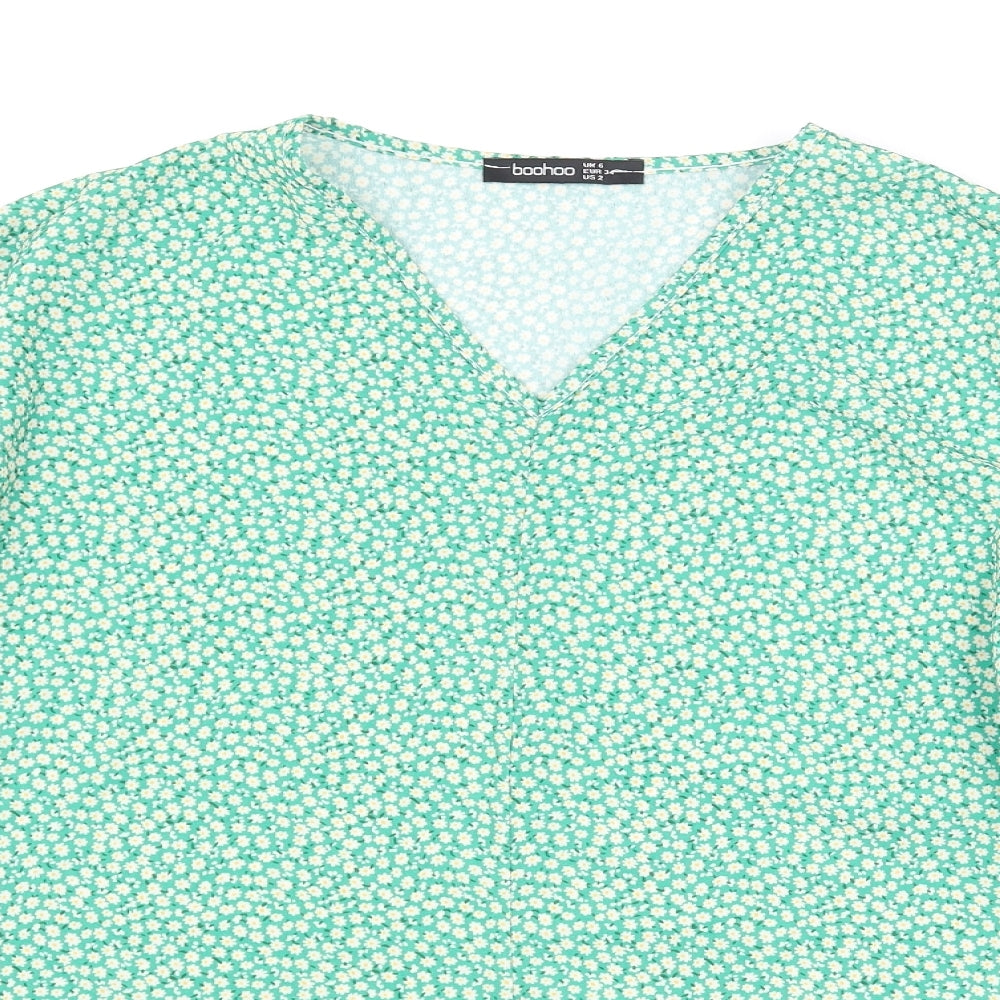 Boohoo Womens Green Floral Polyester Basic Blouse Size 6 V-Neck - Batwing
