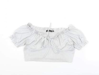 Boohoo Womens Grey Polyester Cropped Blouse Size 14 Boat Neck - Frill