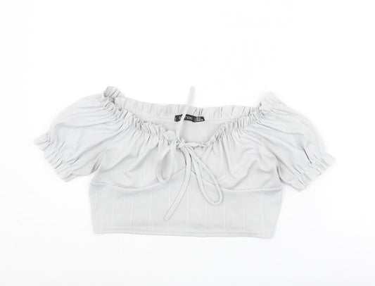 Boohoo Womens Grey Polyester Cropped Blouse Size 14 Boat Neck - Frill