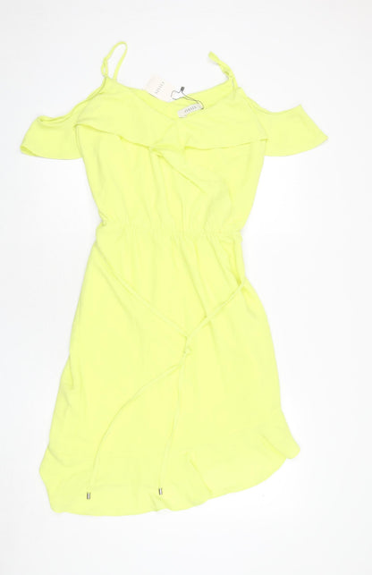 Oasis Womens Yellow Polyester A-Line Size 12 Scoop Neck Pullover - Asymmetric, Ruffles