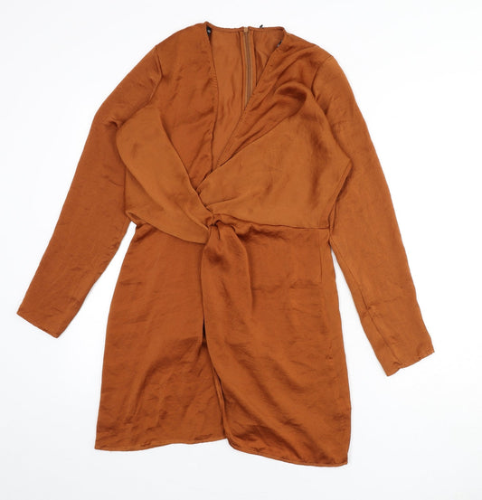 Missguided Womens Orange Polyester Sheath Size 10 V-Neck Zip - Knot Front