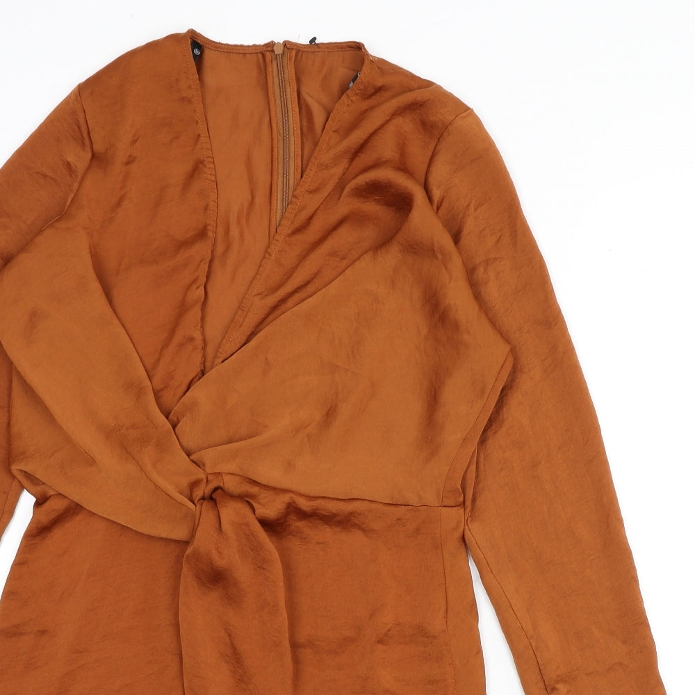 Missguided Womens Orange Polyester Sheath Size 10 V-Neck Zip - Knot Front