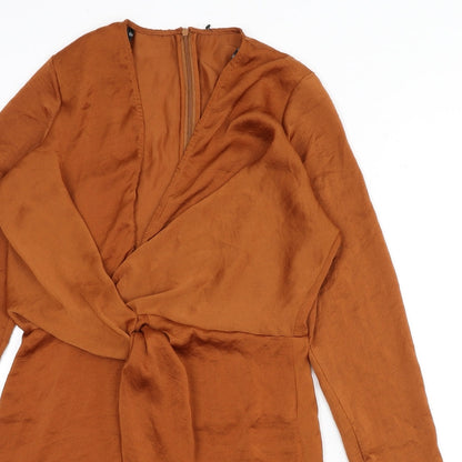 Missguided Womens Orange Polyester Sheath Size 10 V-Neck Zip - Knot Front