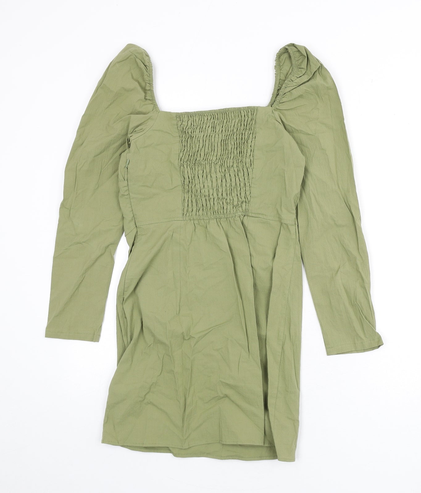 Bershka Womens Green Cotton Bodycon Size M Square Neck Zip - Shirred Back