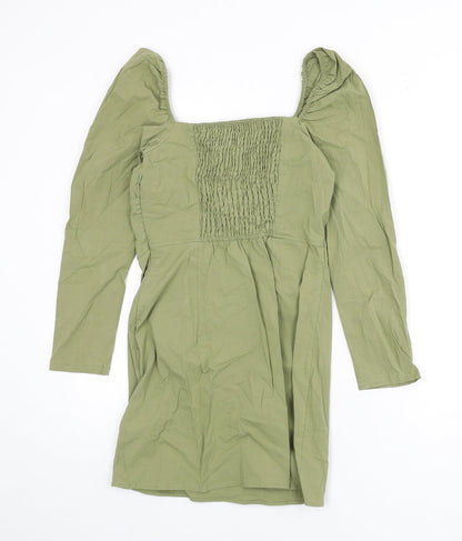 Bershka Womens Green Cotton Bodycon Size M Square Neck Zip - Shirred Back