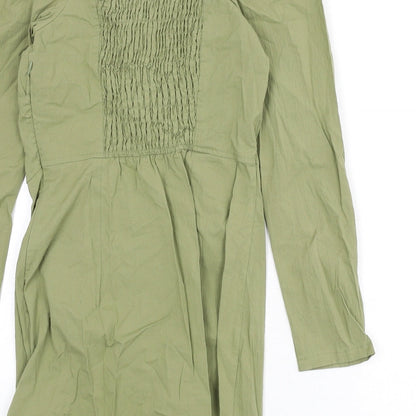 Bershka Womens Green Cotton Bodycon Size M Square Neck Zip - Shirred Back