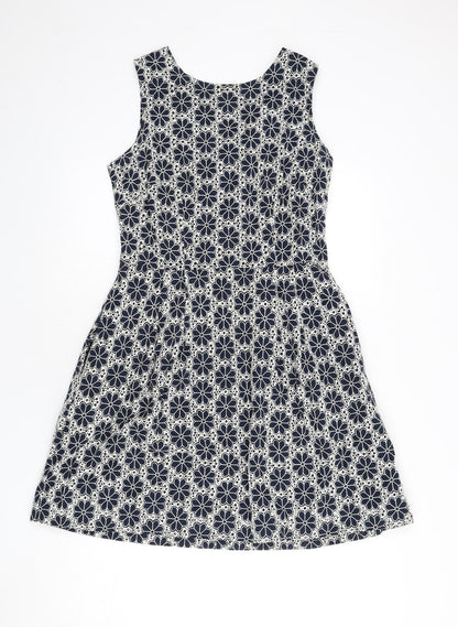 Monsoon Womens Blue Floral Cotton A-Line Size 12 Round Neck Zip