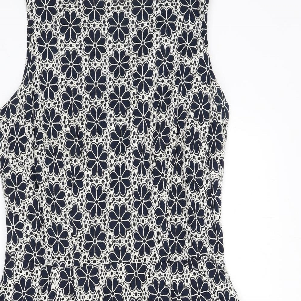 Monsoon Womens Blue Floral Cotton A-Line Size 12 Round Neck Zip