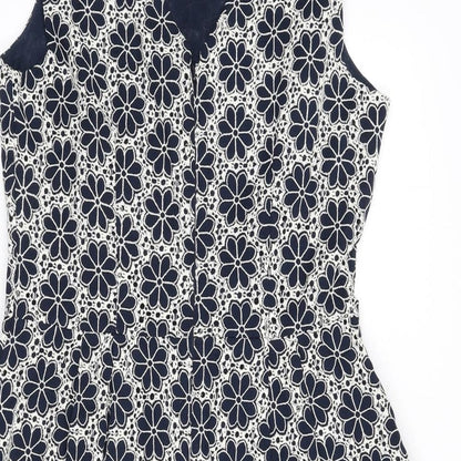 Monsoon Womens Blue Floral Cotton A-Line Size 12 Round Neck Zip