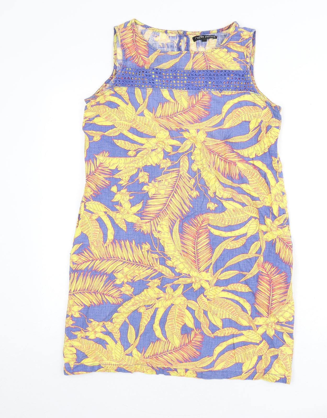 NEXT Womens Multicoloured Geometric Linen Sheath Size 10 Round Neck Button - Leaf Print