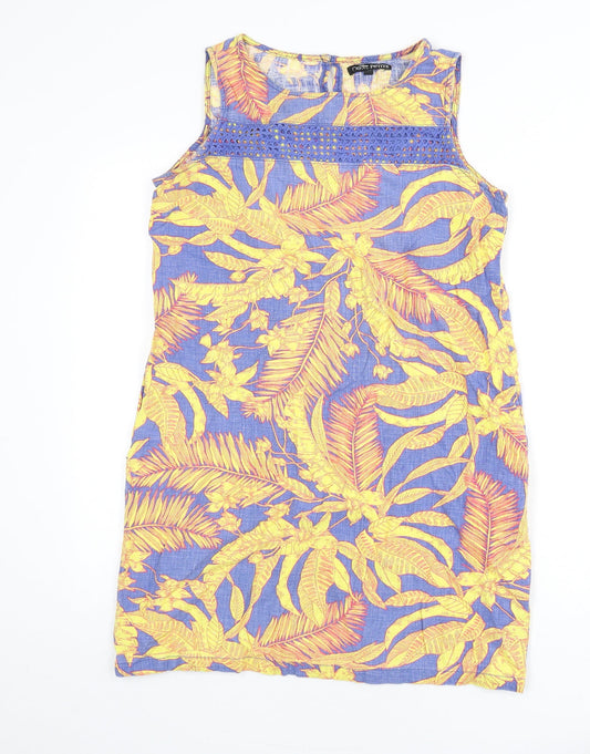 NEXT Womens Multicoloured Geometric Linen Sheath Size 10 Round Neck Button - Leaf Print