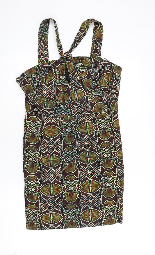 Topshop Womens Multicoloured Geometric Cotton A-Line Size 14 Halter Zip