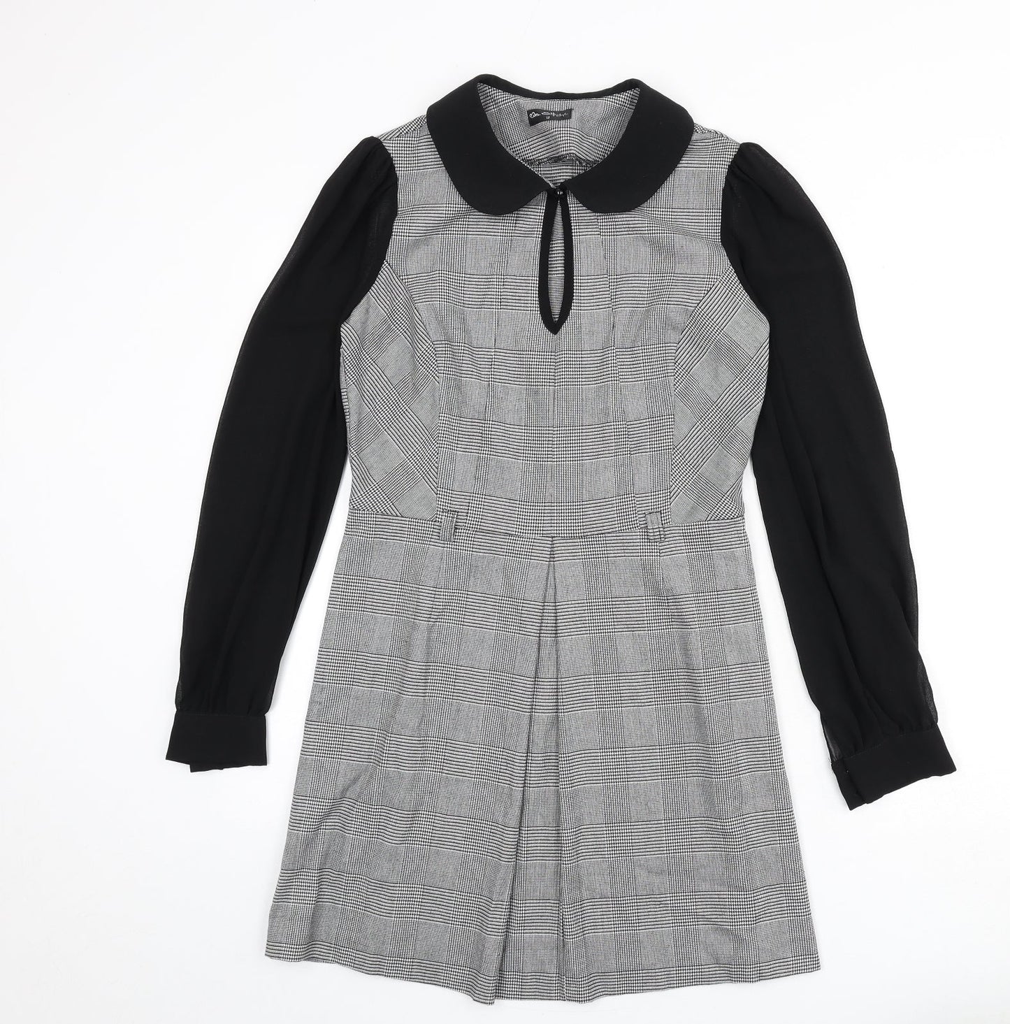 Miss Selfridge Womens Black Houndstooth Polyester A-Line Size 12 Collared Zip - Keyhole Cut Out