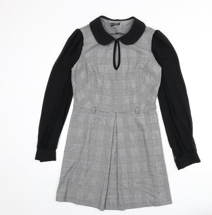 Miss Selfridge Womens Black Houndstooth Polyester A-Line Size 12 Collared Zip - Keyhole Cut Out