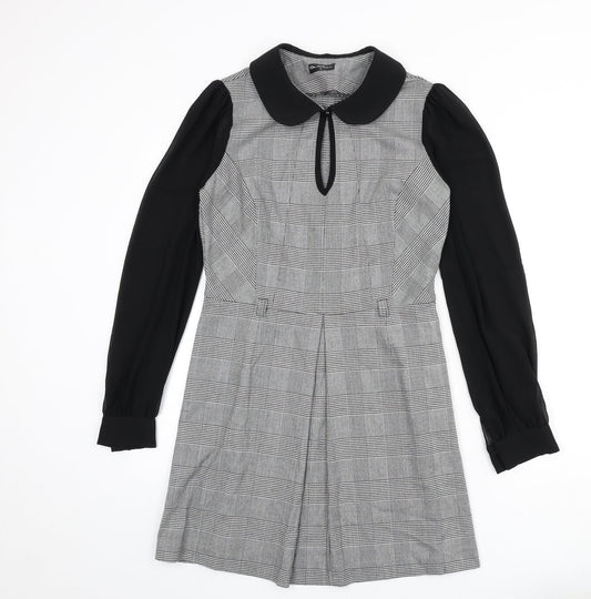 Miss Selfridge Womens Black Houndstooth Polyester A-Line Size 12 Collared Zip - Keyhole Cut Out