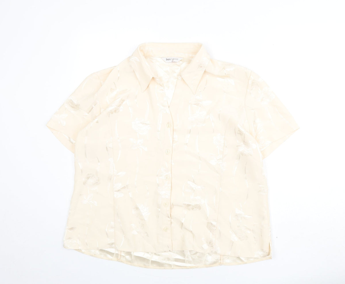 Additional front view of bonma women’s beige fair isle polyester basic button-up, size UK 22, collared