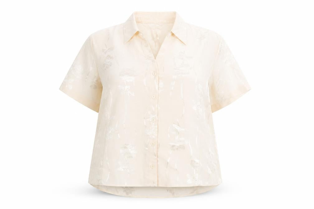 Front view of bonma women’s beige fair isle polyester basic button-up, size UK 22, collared
