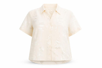 Front view of bonma women’s beige fair isle polyester basic button-up, size UK 22, collared