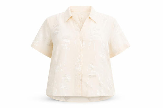 Front view of bonma women’s beige fair isle polyester basic button-up, size UK 22, collared