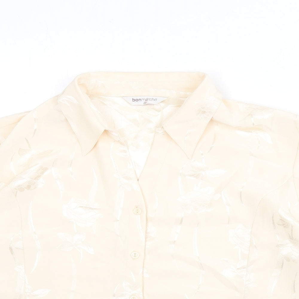 Close-up detail of bonma women’s beige fair isle polyester basic button-up, size UK 22, collared