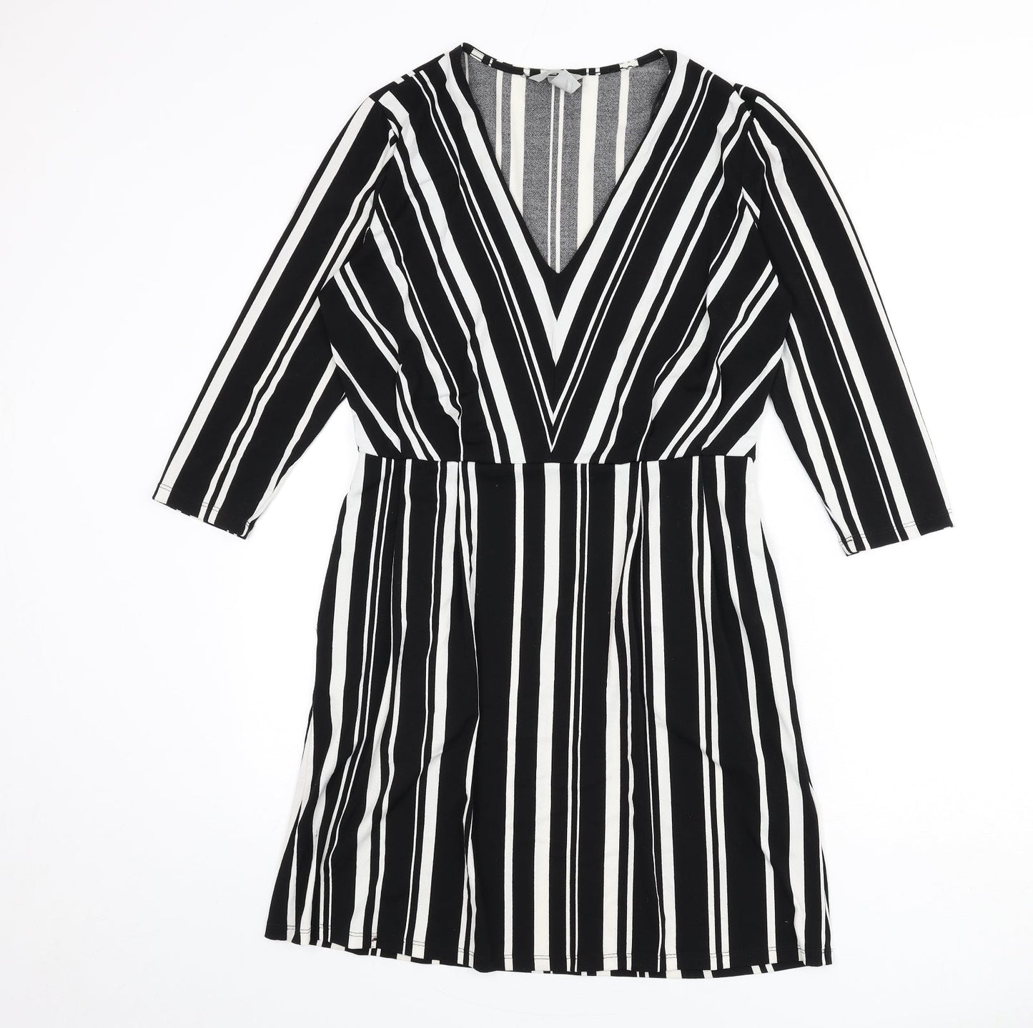 H&M Womens Black Striped Polyester A-Line Size S V-Neck Pullover