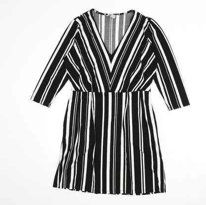 H&M Womens Black Striped Polyester A-Line Size S V-Neck Pullover