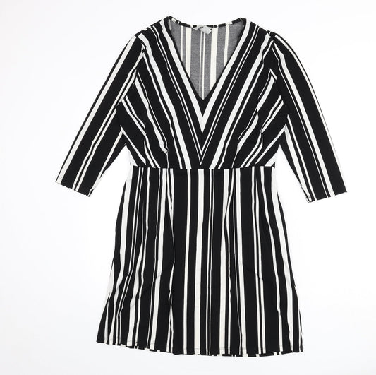 H&M Womens Black Striped Polyester A-Line Size S V-Neck Pullover