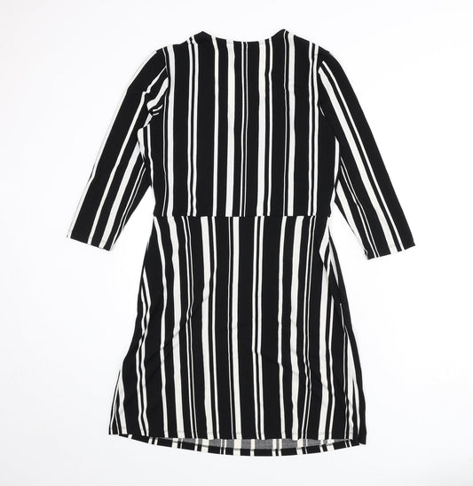 H&M Womens Black Striped Polyester A-Line Size S V-Neck Pullover