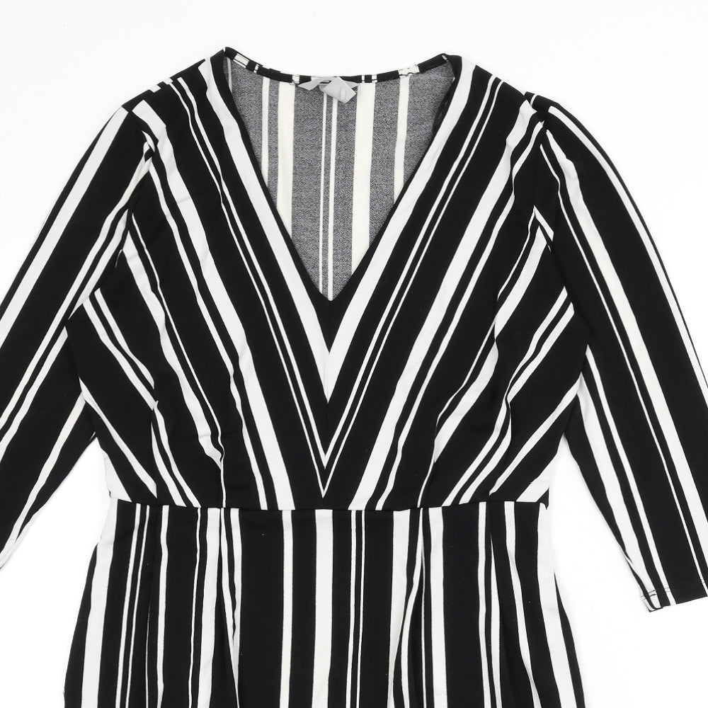 H&M Womens Black Striped Polyester A-Line Size S V-Neck Pullover
