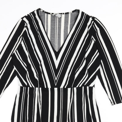 H&M Womens Black Striped Polyester A-Line Size S V-Neck Pullover