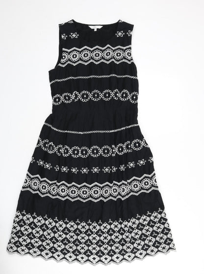 RJR.John Rocha Womens Black Geometric Cotton A-Line Size 12 Round Neck Zip - Embroidered Detail