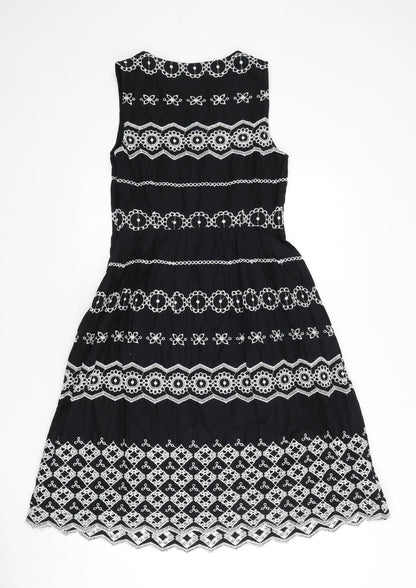 RJR.John Rocha Womens Black Geometric Cotton A-Line Size 12 Round Neck Zip - Embroidered Detail