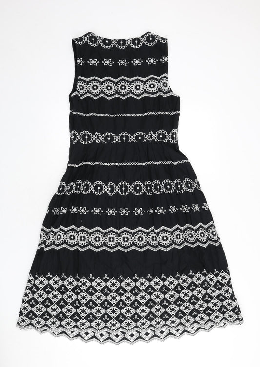 RJR.John Rocha Womens Black Geometric Cotton A-Line Size 12 Round Neck Zip - Embroidered Detail
