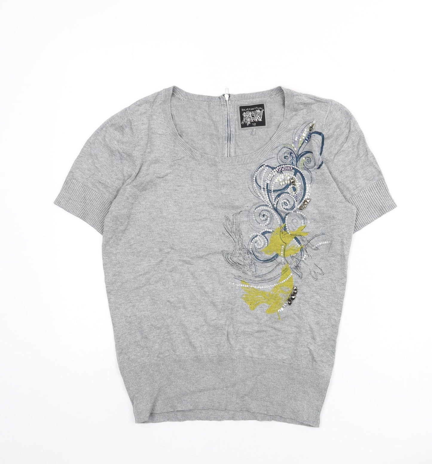 Butterfly Womens Grey Scoop Neck Viscose Pullover Jumper Size 12 - Zip, Graphics, Sequins, Birds