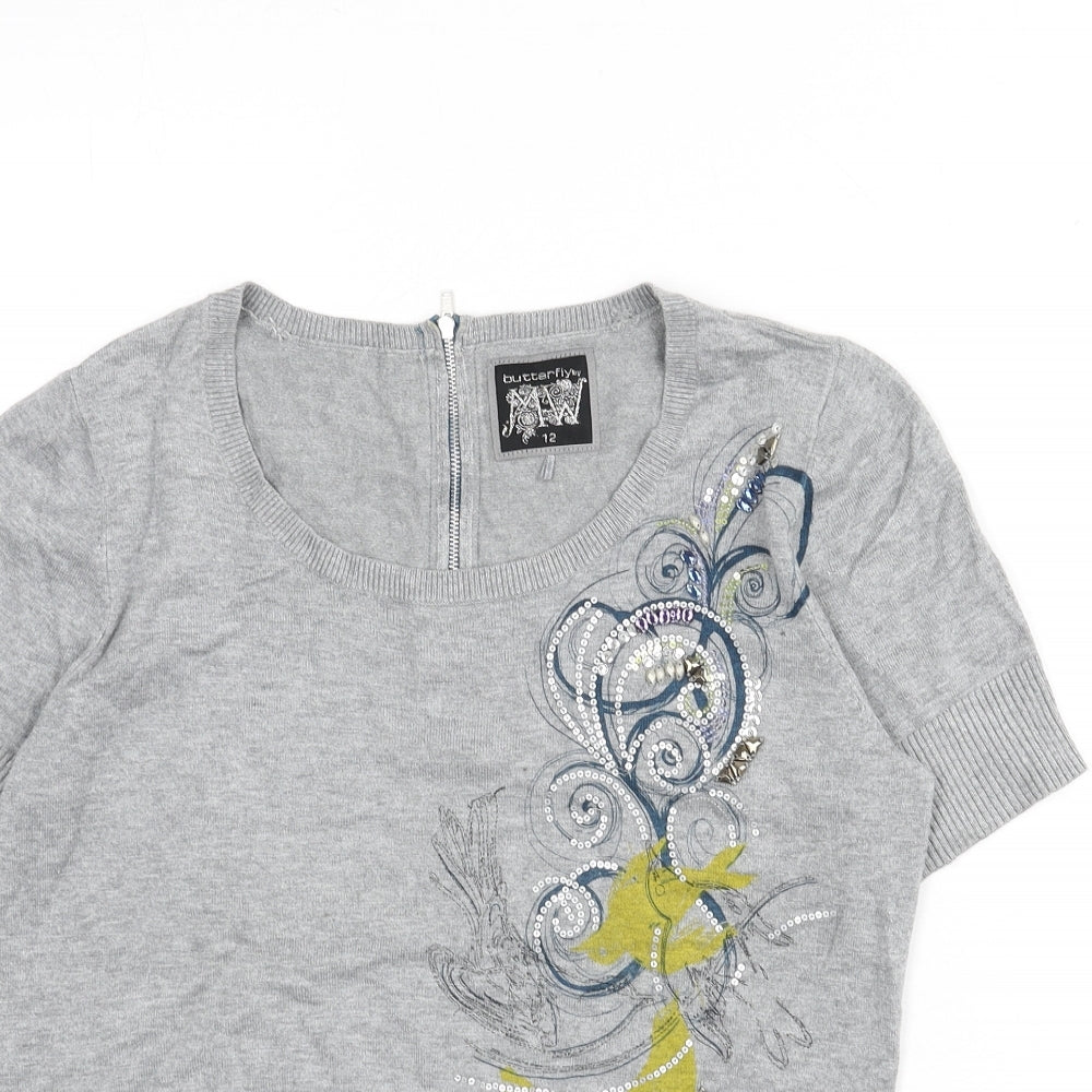 Butterfly Womens Grey Scoop Neck Viscose Pullover Jumper Size 12 - Zip, Graphics, Sequins, Birds