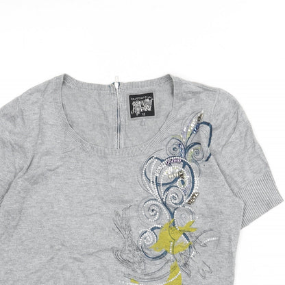 Butterfly Womens Grey Scoop Neck Viscose Pullover Jumper Size 12 - Zip, Graphics, Sequins, Birds