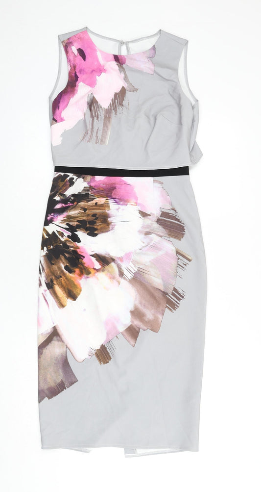 Little Mistress Womens Grey Polyester Pencil Dress Size 10 Round Neck Zip - Graphic Flower Detailing