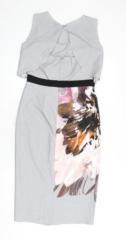 Little Mistress Womens Grey Polyester Pencil Dress Size 10 Round Neck Zip - Graphic Flower Detailing