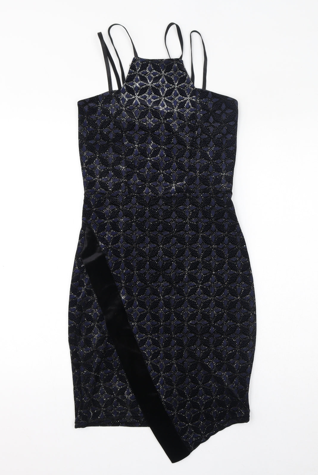 Quiz Womens Black Geometric Polyester Bodycon Size 10 Square Neck Pullover - Sparkle, Asymmetrical Hem