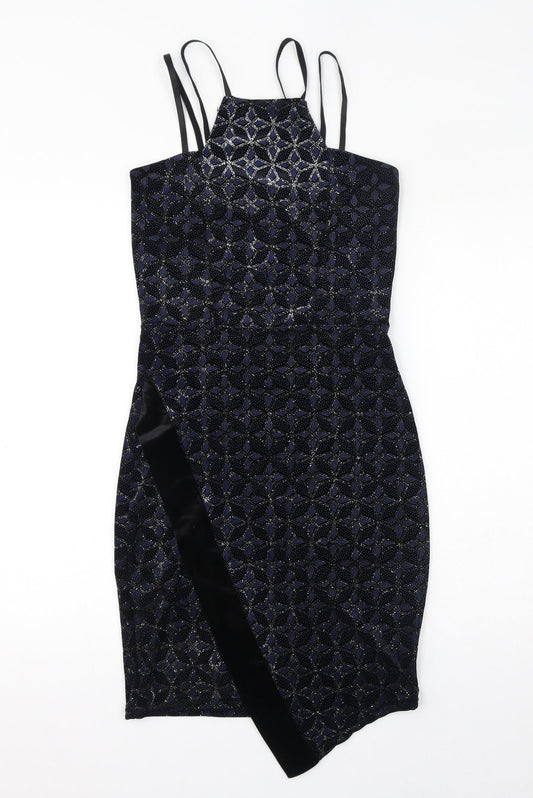 Quiz Womens Black Geometric Polyester Bodycon Size 10 Square Neck Pullover - Sparkle, Asymmetrical Hem