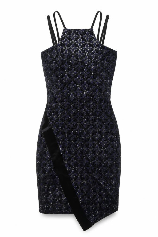 Quiz Womens Black Geometric Polyester Bodycon Size 10 Square Neck Pullover - Sparkle, Asymmetrical Hem
