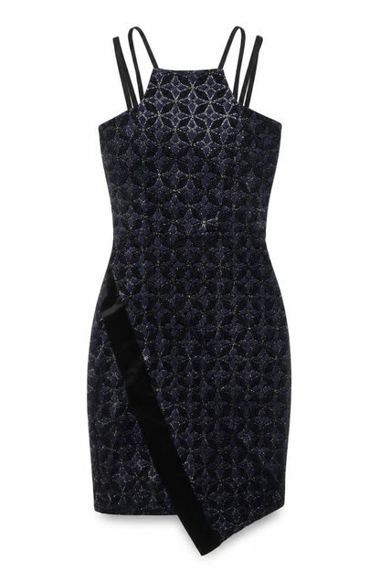 Quiz Womens Black Geometric Polyester Bodycon Size 10 Square Neck Pullover - Sparkle, Asymmetrical Hem