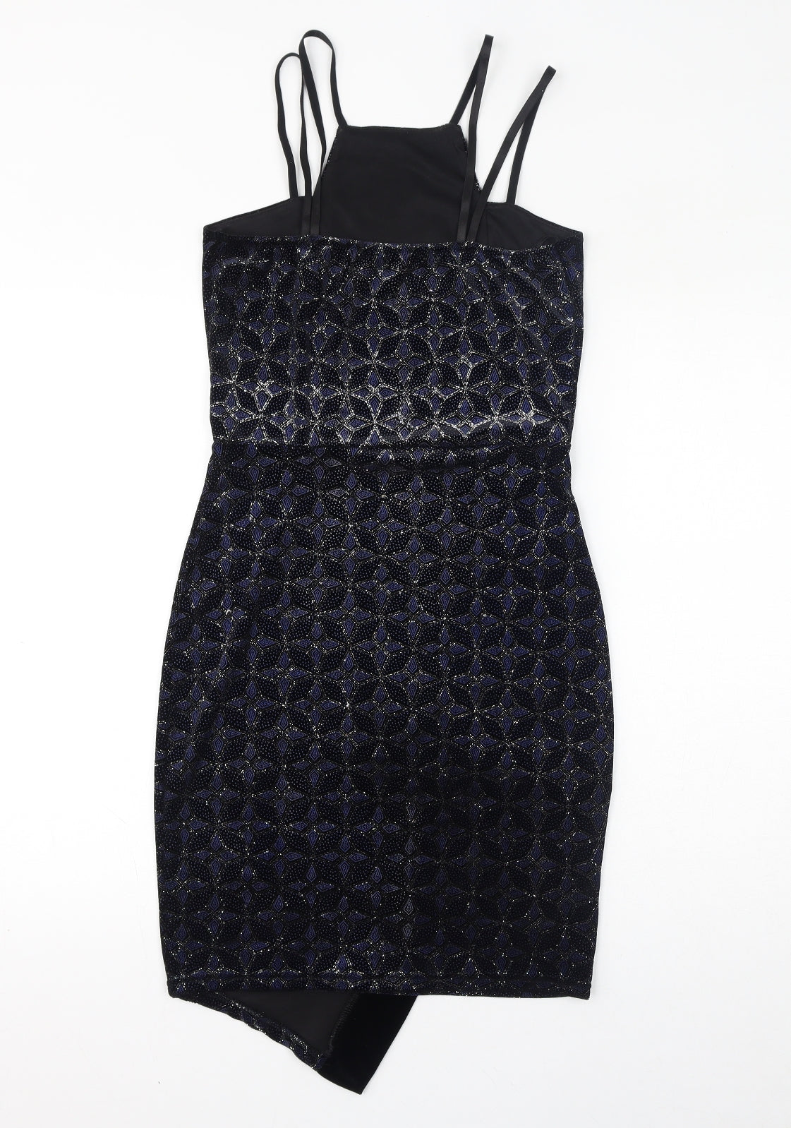 Quiz Womens Black Geometric Polyester Bodycon Size 10 Square Neck Pullover - Sparkle, Asymmetrical Hem