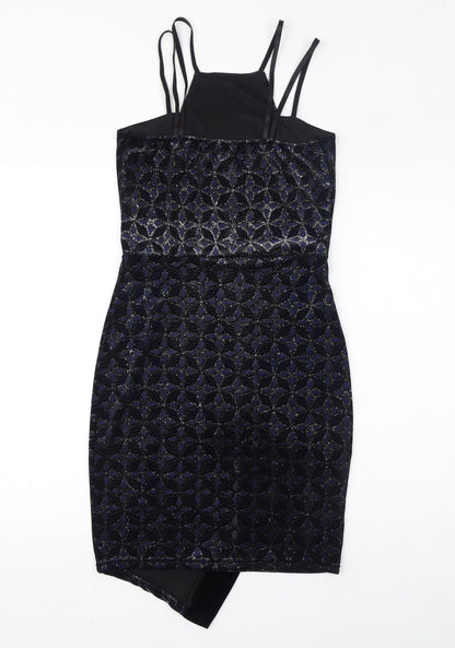 Quiz Womens Black Geometric Polyester Bodycon Size 10 Square Neck Pullover - Sparkle, Asymmetrical Hem