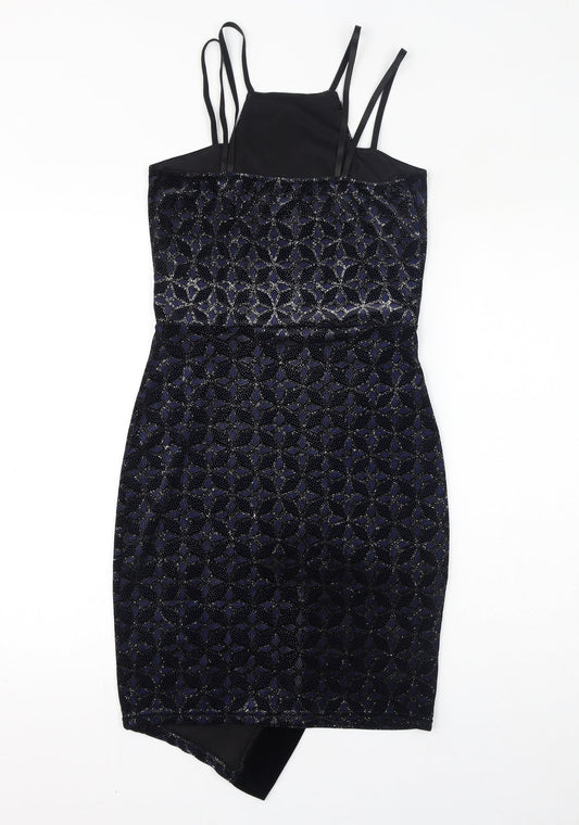 Quiz Womens Black Geometric Polyester Bodycon Size 10 Square Neck Pullover - Sparkle, Asymmetrical Hem