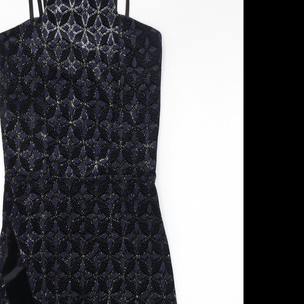 Quiz Womens Black Geometric Polyester Bodycon Size 10 Square Neck Pullover - Sparkle, Asymmetrical Hem