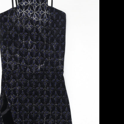 Quiz Womens Black Geometric Polyester Bodycon Size 10 Square Neck Pullover - Sparkle, Asymmetrical Hem