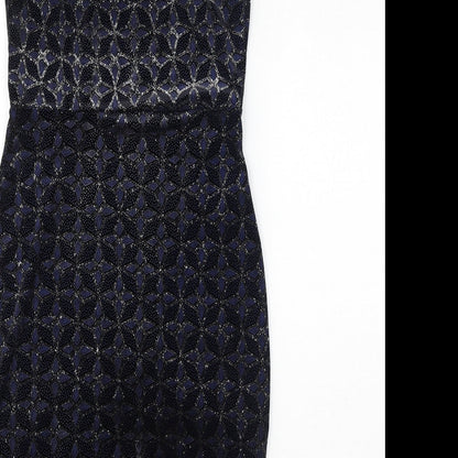 Quiz Womens Black Geometric Polyester Bodycon Size 10 Square Neck Pullover - Sparkle, Asymmetrical Hem